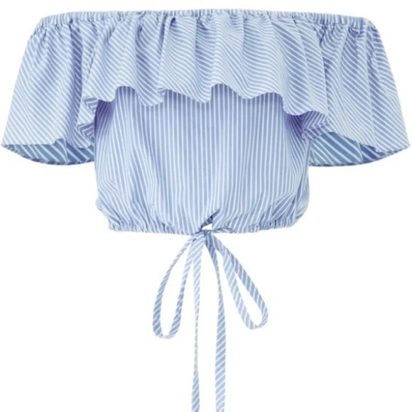 Jill Stuart • Striped Off The Shoulder Ruffle Crop Top - Picture 2 of 8